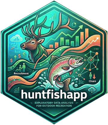 huntfishapp hex logo showing an elk and a leaping rainbow trout over rising charts
