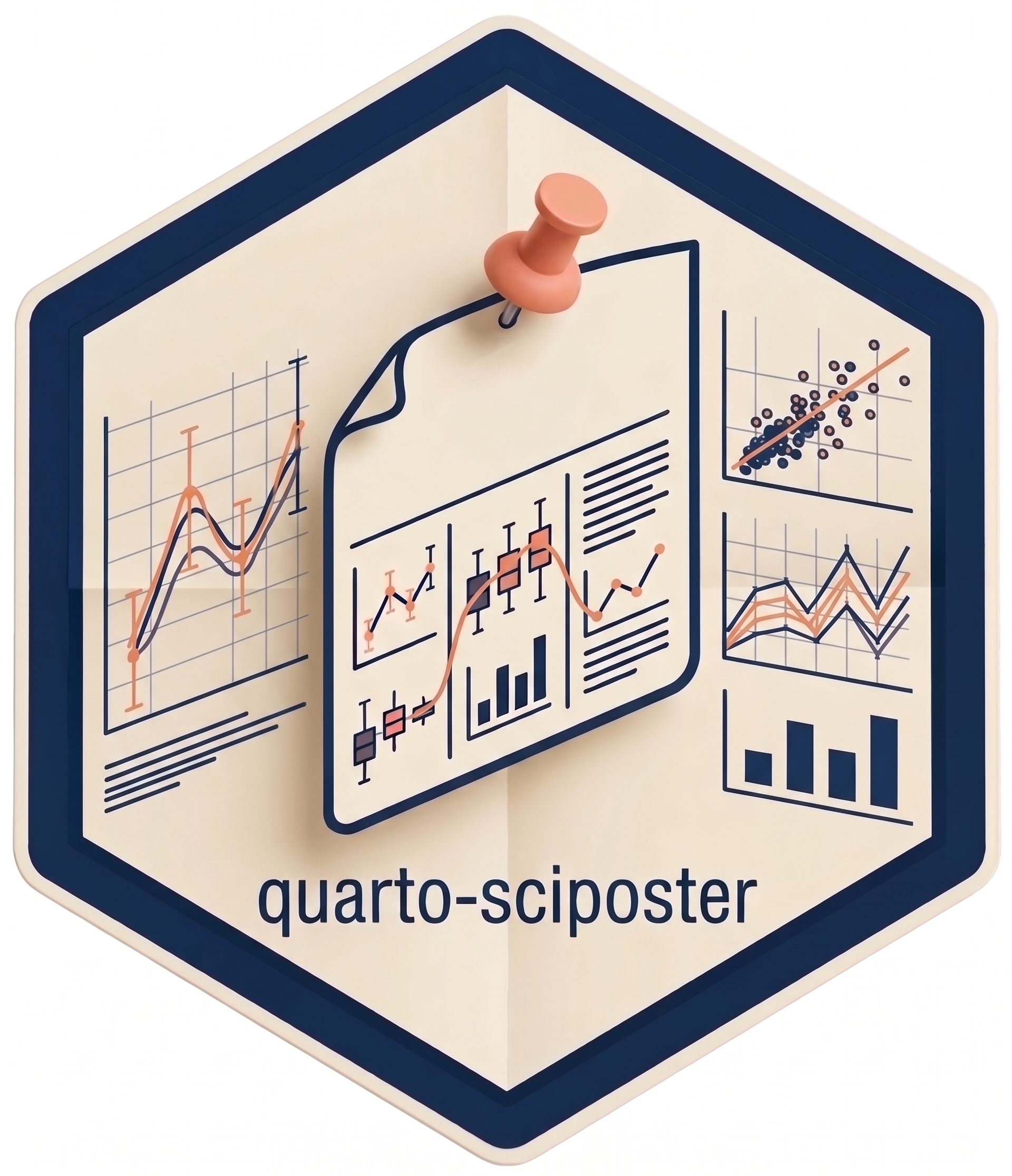 quarto-sciposter hex sticker showing a scientific poster with charts and a peach pushpin