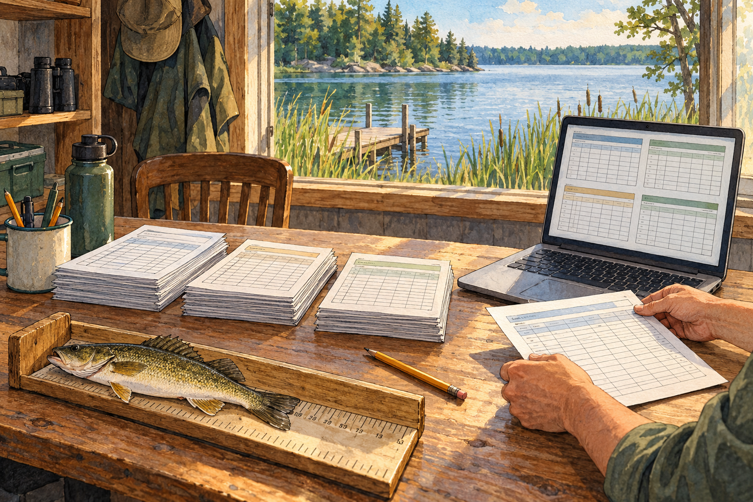 Watercolor illustration inside a lakeside fisheries field office. Separate stacks of survey sheets sit beside a laptop displaying several tables, while a person holds another sheet for review.