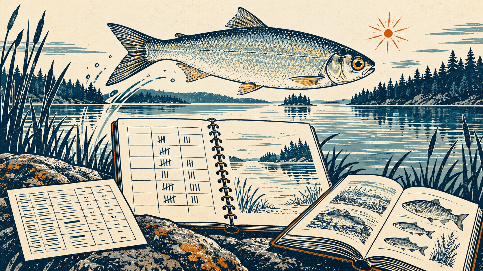 Screen-print illustration in navy, teal, and orange on cream paper. A freshwater fish appears above a lake, a survey notebook with tally marks, a data table, and an open reference book.