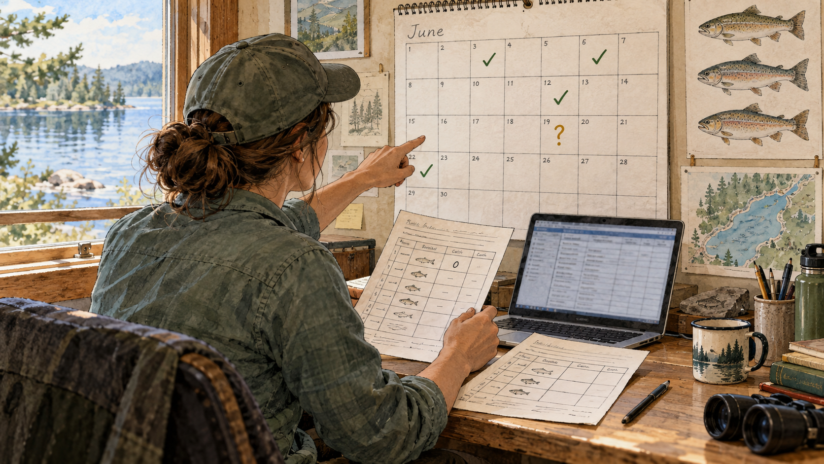 Watercolor illustration of a fisheries analyst comparing interview sheets with a wall calendar and laptop in a field office. Marked and blank calendar cells represent visits that need different interpretations.