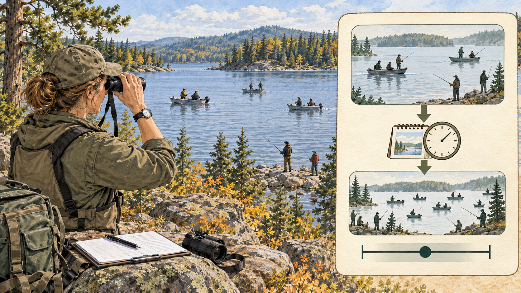 Watercolor illustration of a creel clerk counting anglers from a lakeside overlook, beside a field-journal diagram that expands a point-in-time observation across a calendar and shows an estimate with an uncertainty interval.