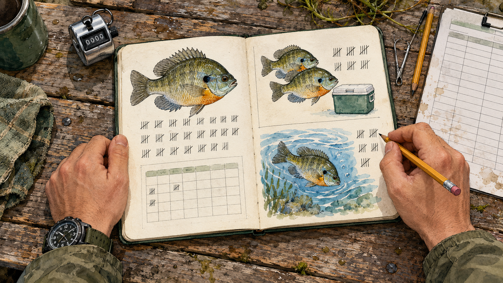 Overhead watercolor illustration of an open fisheries field notebook on a wooden table. Bluegill drawings represent catch, fish kept beside a cooler, and a fish released into water. Tally marks, an interview sheet, and a mechanical counter surround the notebook as an analyst records observations.