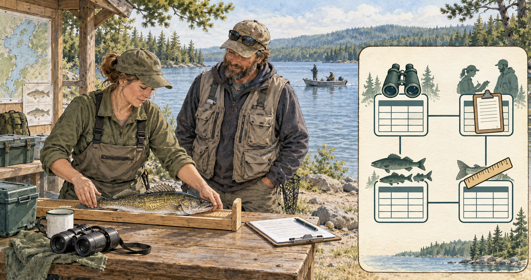 Watercolor illustration of a fisheries clerk measuring a fish at a lakeside field station, beside a panel of linked table icons representing counts, interviews, catch, and length measurements.