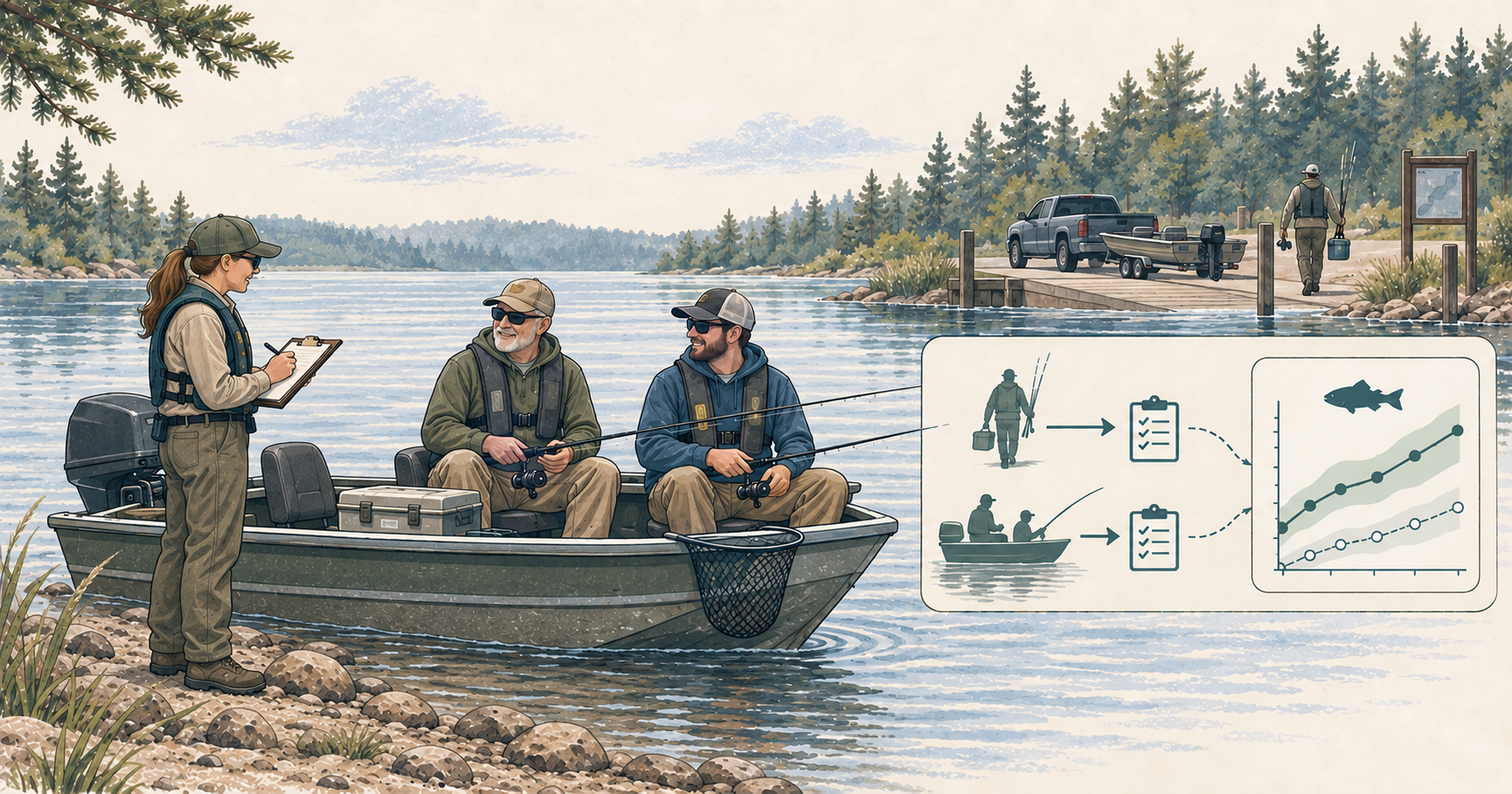 Illustration of a fisheries clerk standing at the shoreline and interviewing two anglers in a boat pulled close to shore, with a simple chart showing two interview paths.