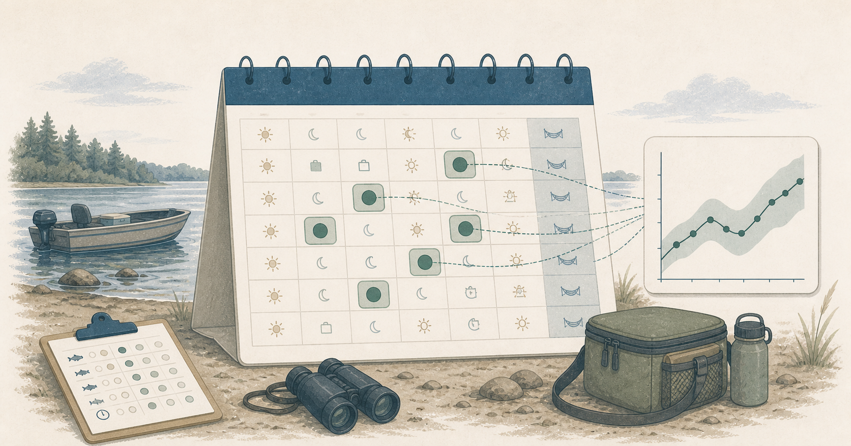 Illustration of a creel-survey calendar with selected sampling days, a boat and field gear at a lake, and a chart representing the resulting estimate.