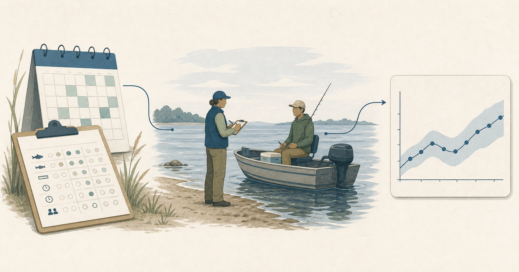 Illustration of a creel-survey calendar, a clerk interviewing an angler at a lake, and a chart showing an estimate with uncertainty.